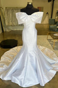 White Satin Off Shoulder Bow Trumpet Long Court Wedding Dress