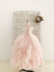 フリル コールドショルダー ピンク チュール フロアレングス ウェディング パーティー フラワー ガール ドレス