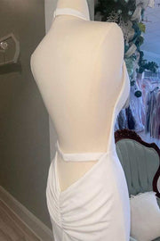 White Halter Open Back Mermaid Long Wedding Dress