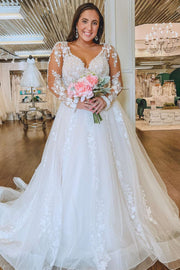 White Floral Lace Long Sleeve Wedding Dress