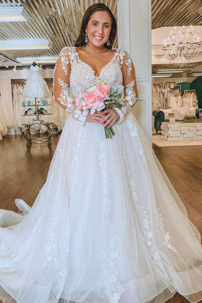 White Floral Lace Long Sleeve Wedding Dress