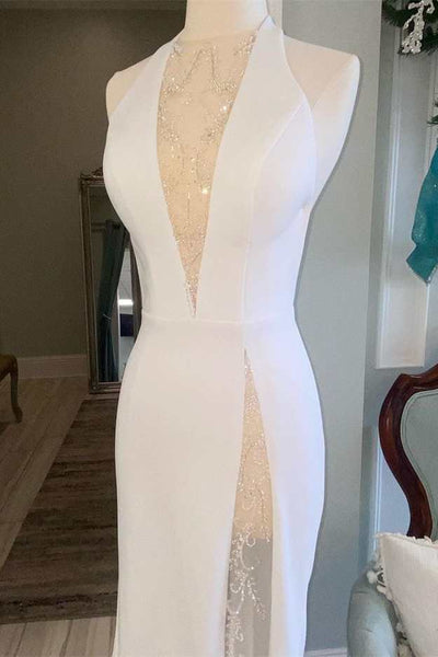 White Halter Open Back Mermaid Long Wedding Dress