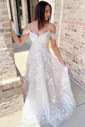 Cold-Shoulder White Lace A-Line Long Sweep Wedding Dress