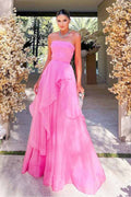 Pink Tulle Strapless A-Line Empire Sleeveless Long Formal Prom Dress