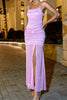 Vestido largo de gasa fruncida con tirantes finos
