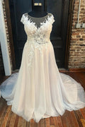 White Round Neck Cap Sleeve A-Line Long Wedding Dress, Buttons