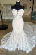 Strapless Floral Lace Tulle Trumpet Long Bridal Gown, Buttons