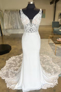 White Plunge V Sleeveless Lace Mermaid Long Bridal Gown, Buttons