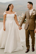A-line Off Shoulder Cap Sleeves Layers Satin Wedding Dress