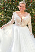 White Lace Tulle V-Neck Long Sleeve Sheer Back Wedding Dress