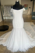 Scoop Neck White Tulle Cold Shoulder Trumpet Long Bridal Gown