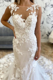 White Illusion Neck Appliques Trumpet Long Wedding Dress