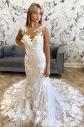 White Illusion Neck Lace Tulle Sleeveless Trumpet Long Wedding Dress