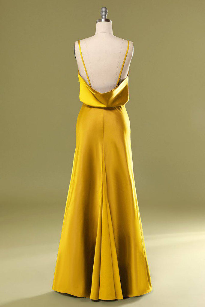 Gold Satin Straps Cowl Neck Open Back Long Bridesmaid Dress, Slit