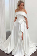 White Satin Off Shoulder Bow A-Line Long Sweep Wedding Dress, Slit