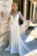 White Lace Plunge Long Sleeve Mermaid Long Court Wedding Dress