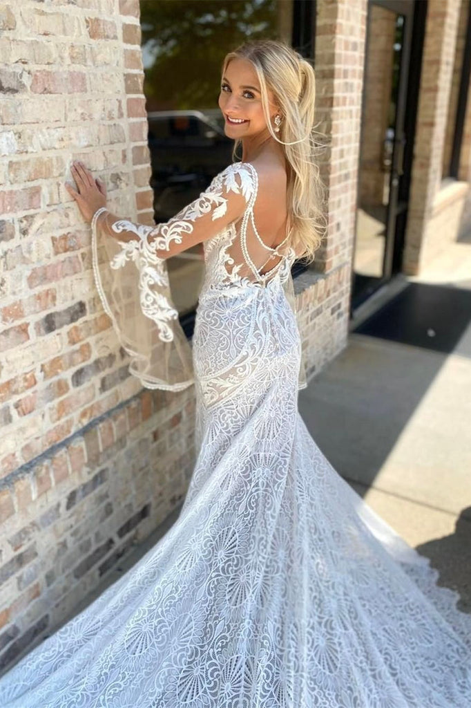 plunge long sleeve wedding dress White Plunge V Long Sleeve A-Line Wedding Dress Modsele