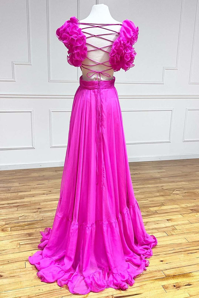 magenta a line dress A-Line Strapless Ruffles Long Formal Dress with Puff Sleeves, Magenta / 6