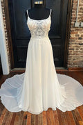 A-line White Floral Lace Scoop Neck Sleeveless Long Wedding Dress