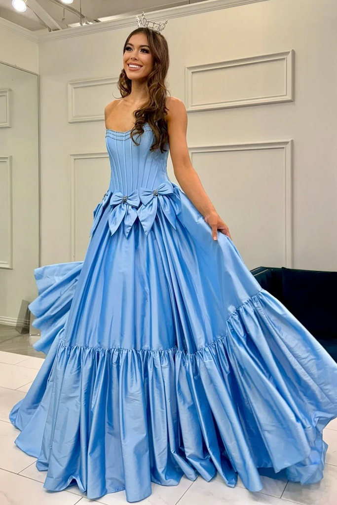 A-line Strapless Scoop Bow Satin Long Formal Prom Party Dress A-line Strapless Scoop Bow Satin Long Formal Prom Party Dress