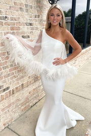 One-Shoulder Mermaid Long Wedding Dress with Feathered Cape