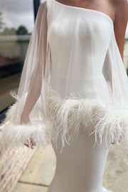 One-Shoulder Mermaid Long Wedding Dress with Feathered Cape