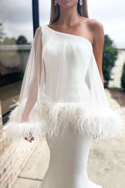 One-Shoulder Mermaid Long Wedding Dress with Feathered Cape