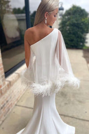 One-Shoulder Mermaid Long Wedding Dress with Feathered Cape