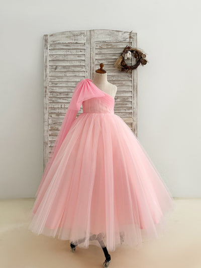Ball Gown One Shoulder Draping Pink Tulle Wedding Flower Girl Dress