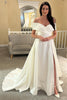Weißes A-Linien-Brautkleid aus Satin, schulterfrei, lang, mit Schleppe und Schlitz