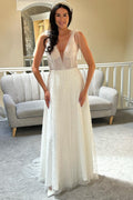 White Tulle Pearls Bow Strap Plunging Sleeveless A-Line Bridal Gown