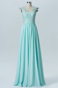 Aqua Blue Chiffon Floral Embroidered Pleated Bridesmaid Dress