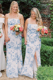 Blue Print Spaghetti Strap Long Dress with Slit