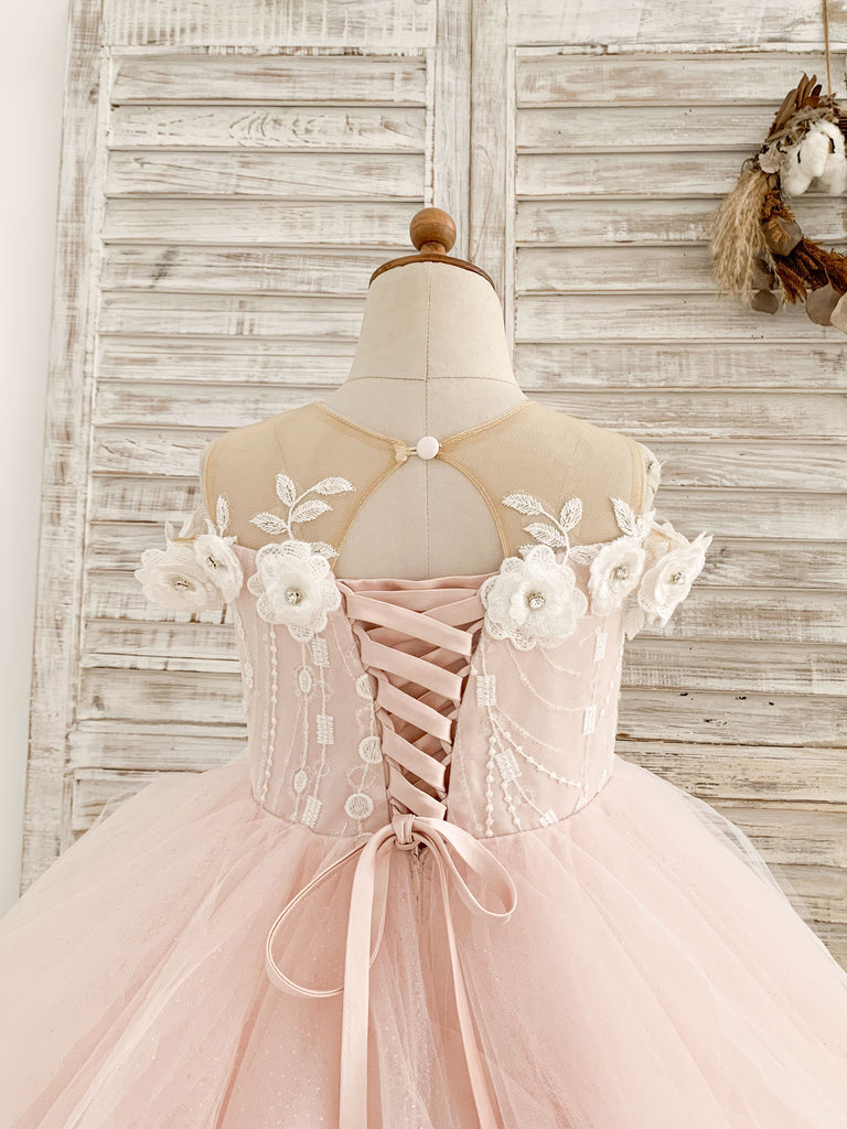 Ruffle Could Shoulder Pink Tulle Floor Length Wedding Party Flower Girl Dress