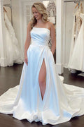White Satin Strapless A-Line Long Court Bridal Gown, Slit