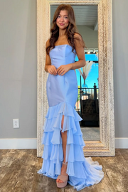 Pink Strapless Scoop Tiered Sleeveless Long Formal Dress with Slit