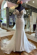 Ivory Off Shoulder Straps Lace Tulle Long Sweep Wedding Dress, Buttons