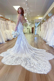 Lace V-Neck Backless Mermaid Long Wedding Dress