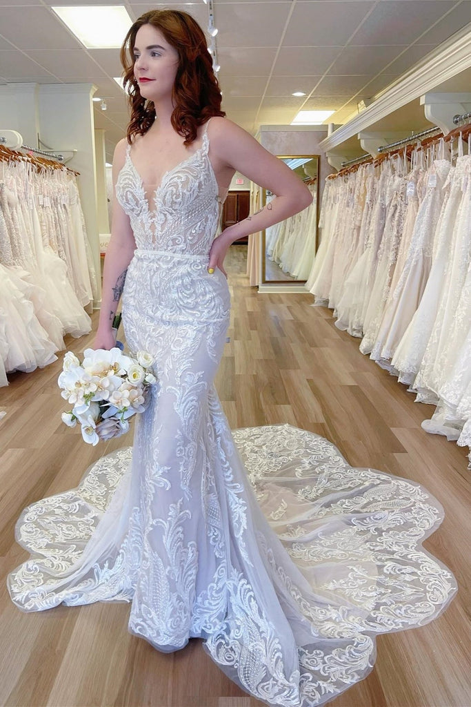 Mermaid Lace Plunging Backless Long Court Wedding Dress - Princessly Mermaid Lace Plunging Backless Long Court Wedding Dress - Princessly