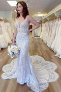 Mermaid Lace Plunging Backless Long Court Wedding Dress
