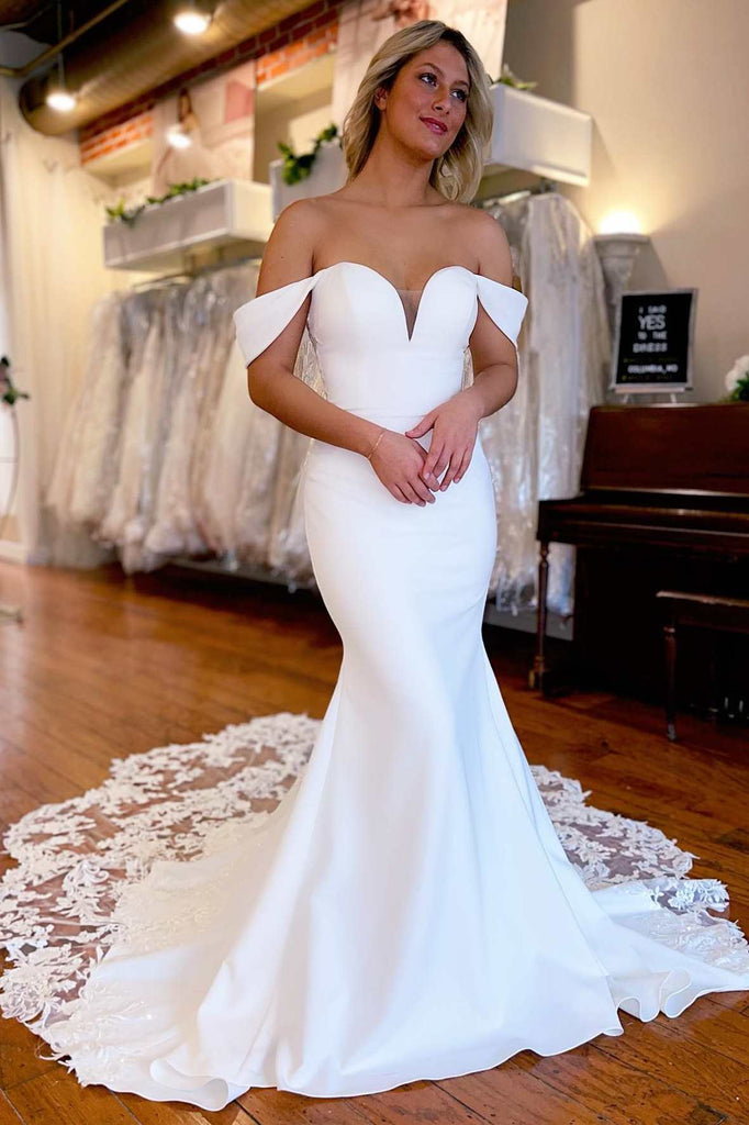 White Lace-Trimmed Off Shoulder Mermaid Long Wedding Dress