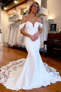 White Lace-Trimmed Off Shoulder Mermaid Long Wedding Dress