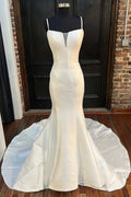 Trumpet White Satin Straps Scoop Neck Long Court Wedding Dress