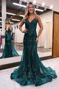 Glitter Magenta Appliques V-Neck Mermaid Long Formal Prom Dress