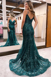 Glitter Magenta Appliques V-Neck Mermaid Long Prom Dress