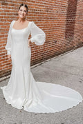 Square Neck Long Sleeve Backless Mermaid Long Wedding Dress