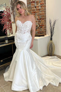 White Satin Lace Strapless Sweetheart Trumpet Long Wedding Dress