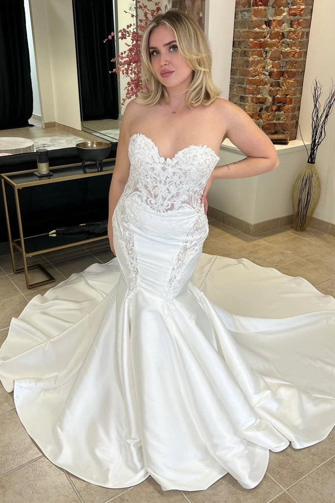 satin strapless trumpet wedding dress Simple Satin Trumpet Sweetheart Strapless With Train Wedding Dress Movousdress