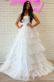 White Strapless Tiered A-Line Long Prom Dress with Ruffles