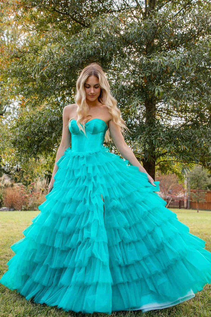 ruffle empire waist dress A-Line Strapless Sweetheart Ruffled Tieres Long Prom Dress, Slit